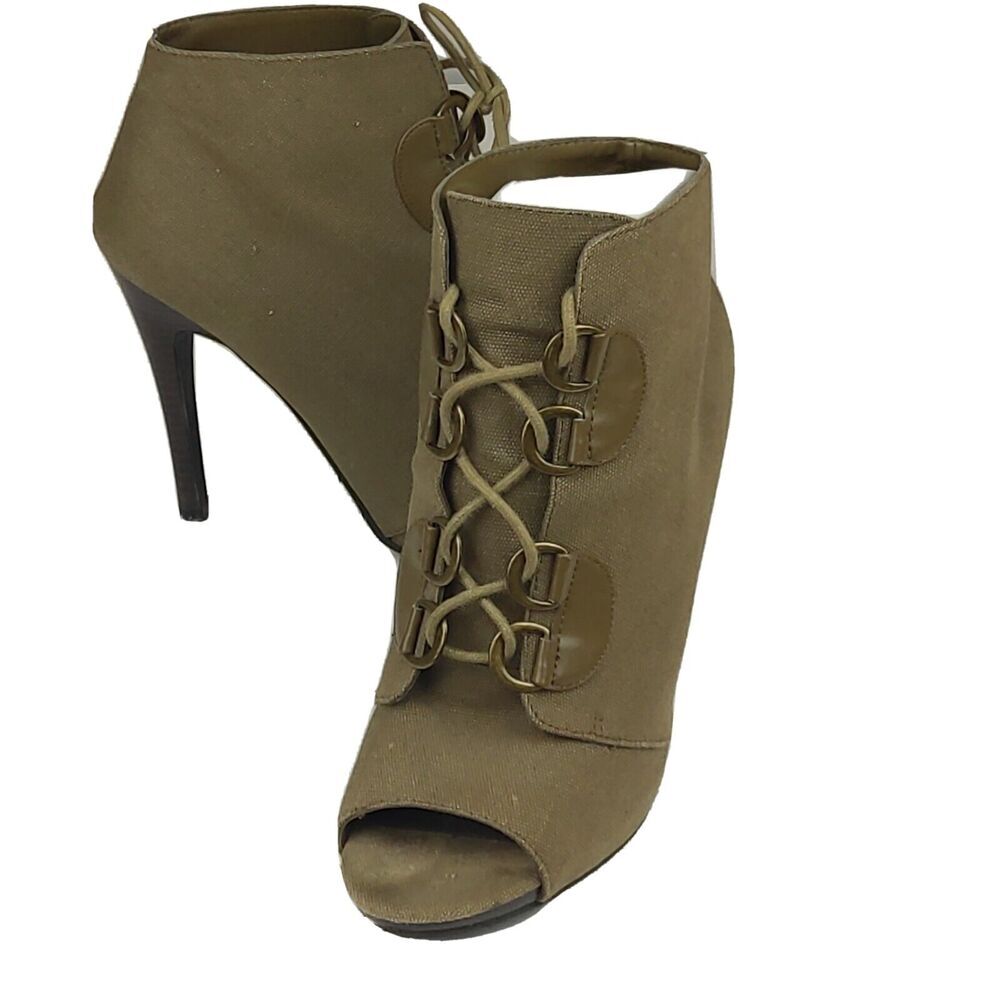 Elle Sz 9.5 Combat Boot Peep Toe Stiletto heels Army Green